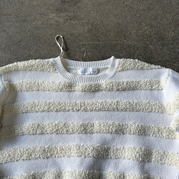 Threaded Leaf Crop Oversized Sweater Womens M White Ivory Knotted Striped Loose - Picture 2 of 8